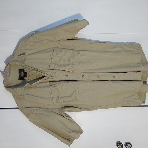 Redhead- Mens Tan/Beige Button down Shirt Velcro Pockets Short Sleeve Sz.Large - Picture 1 of 6